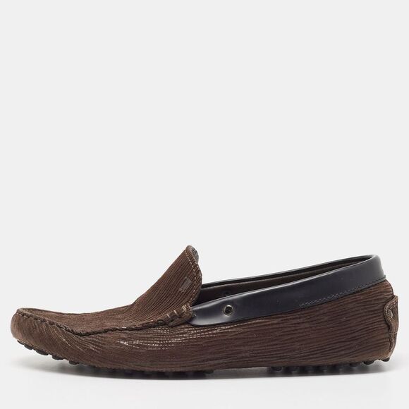 Tod's Dark Brown Textured Leather Gommino Loafers Size 42.5 - Picture 1 of 4